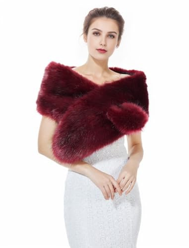 BEAUTELICATE Damen Kunstpelz Schal Stola Bolero Winter Pelzkragen für Hochzeit Karneval Gatsby Cosplay Brautschal Brautstola (Weinrot - Normal Size - 160cm)