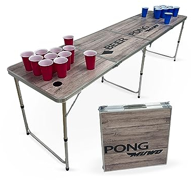 MUWO Bierpong Tisch Set mit 22 Bechern - Der ultimative Klapptisch 60 x 240 cm Partytisch für gesellige Momente (Wood Look)