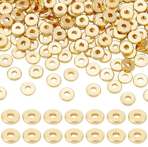 PH PandaHall perle 200pcs D'Espacement Heishi Plates de 6 mm Plaquées Or 18 Carats, Perles en Vrac en Laiton Rondes Plates en Métal