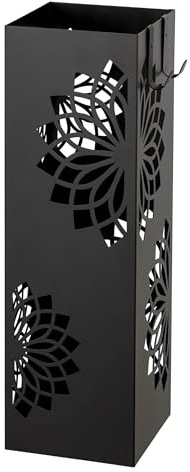 Baroni Home Moderner Schirmständer aus Metall mit Mandala-Schnitzerei - Regenschirmständer mit 2 Haken und abnehmbarer Regentropfwanne, für Büro und Haus, Schwarz, 16x16x49 cm