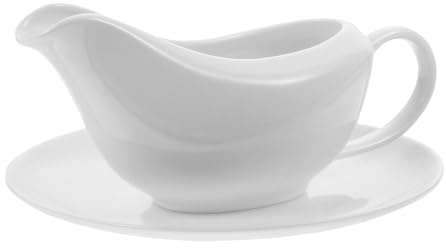 Cabilock White Ceramic Gravy Boat and Saucer Set with Ergonomic Handle and Pouring Spout for Serving Sauces Dressings and Gravies 6.30X2.76X2.56 Inch