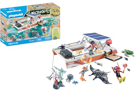 Playmobil 71623 Bateau de Surveillance des récifs coralliens - Wiltopia - Comprend Trois Personnages, Un Catamaran avec Toit Solaire, des Animaux Ainsi Que des Accessoires - Dès 4 Ans