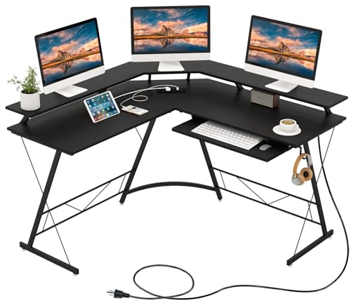 COSTWAY Eckschreibtisch mit Steckdose und USB-Ladeanschluss, L-förmiger Schreibtisch, Computertisch mit Monitorständer, Tastaturablage & Kopfhörerhaken, Ecktisch für Heimbüro, 130 x 130 x 86 cm