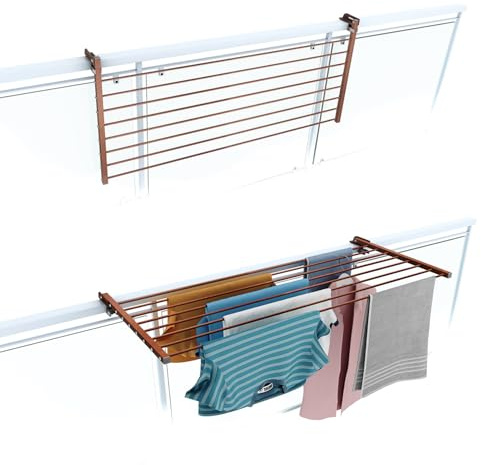 Foxydry Duo, wäscheständer für geländer und Balkon, klappbar, 118 cm | aus aluminium und edelstahl, klappbar, rostfrei, platzsparend, für außenbereich und terrasse, trägt 15 kg, braun
