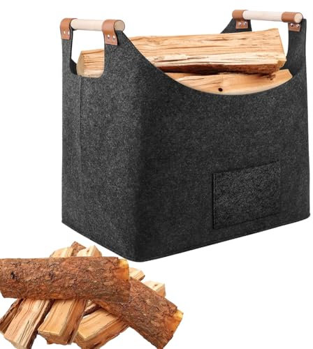 YQBFTC Panier à bûches XL 60L Panier a Bois avec Poignée Renforcée Cheminée Pliable En Feutre Sac à Bois pour Cheminée Sac en Feutre,Journaux,Jouets,Magazines 45 x 32 x 40 cm (Gris Foncé)