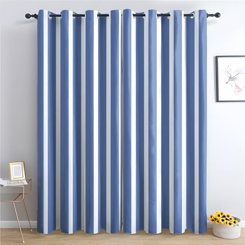 SZLYZM Vorhänge Blau Weiß Gestreift, Verdunkelungsvorhang 2er Set - Vorhang Blickdicht Maritim Muster, Thermovorhang für Deko Wohnzimmer Schlafzimmer, Gardinen mit Ösen 200x140 cm (HxB)