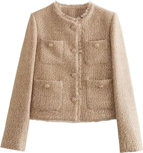 Veste en Tweed pour Femme Vintage col Rond lâche à Manches Longues Bouton Veste Multi-Poches élégante Bureau d'affaires Mode Veste Courte (Kaki,L)