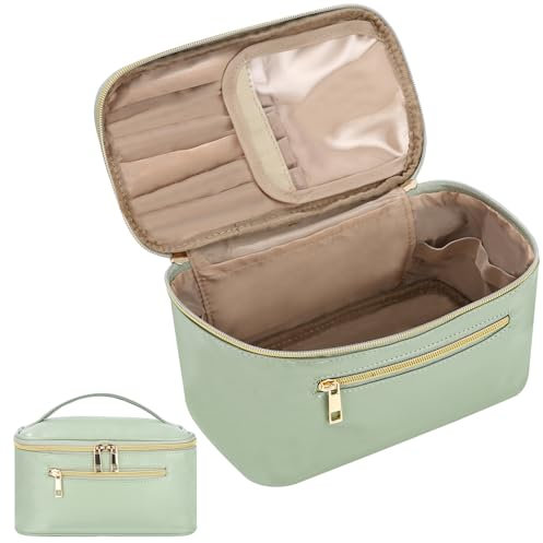 Kosmetiktasche Damen Reise Schminktasche Groß Make Up Tasche Organizer mit Bürstenfach Kulturtasche PU Leder Tragbare Makeup Bag, Grün