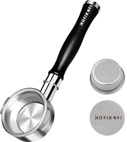 KOFIKOFI Portafiltro sin fondo de 58 mm con pantalla de disco y cesta de filtro de acero inoxidable, Portafiltro Desnudo de Espresso de 2 orejas compatible con E61, Flair 58, ECM, Rocket, Sanremo