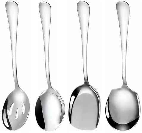 4 Pcs Stainless Steel Serving Spoons - Large, Slotted, Round Edge Tablespoons for Kitchen, Cooking, Restaurant Banquet