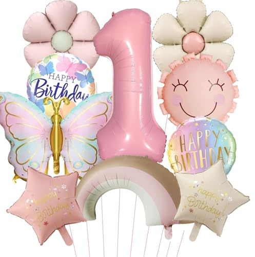 DazzJoy Geburtstagsdeko 1 Jahr Mädchen mit Schmetterling Folienballon, Schmetterling Luftballon Deko 1. Geburtstag Mädchen, Schmetterlinge Ballon 1 Geburtstag