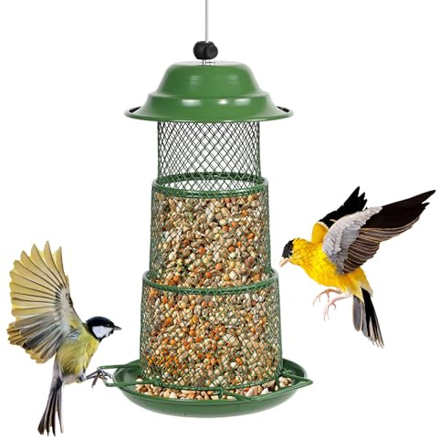 Zouboto Vogelfutterspender Hängend,Metall Vogelfutterstation Zum Aufhängen,Futterspender Futterstation Futtersäule Vögel,Futterhaus für Vögel in Garten/Terrasse/Balkon,Wetterfest,Grün
