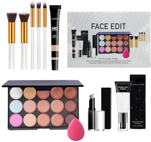 Tutto in Uno Trucchi Set per Viso, 15 Colori Palette di Correttori con Primer Correttore Stick Puff Oval Pennelli, 10Pcs Completo Trucco Kit, Make Up Regalo Set per Donne Cosmetico