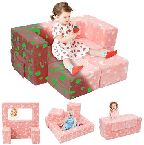 YULEYU Kinder-Sofa, Bett, ausklappbarer Kinder-Sofa-Stuhl, 94,4 cm (L) x 45,7 cm (H), Kleinkind-Sofa, Liege, modulare ausziehbare Couch für Jungen und Mädchen (grau, klein) (Hellrosa, Übergröße)