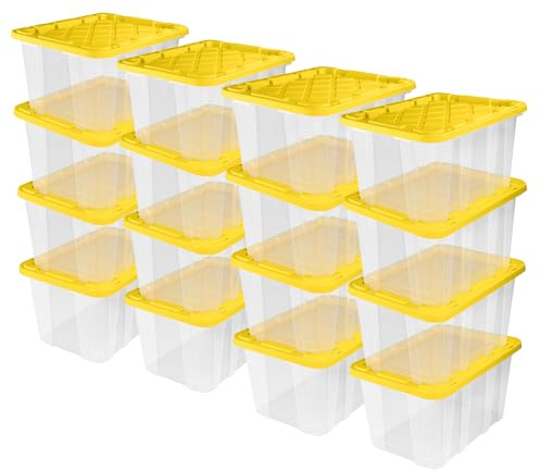 Sterilite 16-Pack Industrial Storage Box, Clear Plastic Organizer Bins with Handles, 27 Gallon, Yellow - Stackable Container Boxes for Bedroom, Bathroom, Garage, and Office Organization