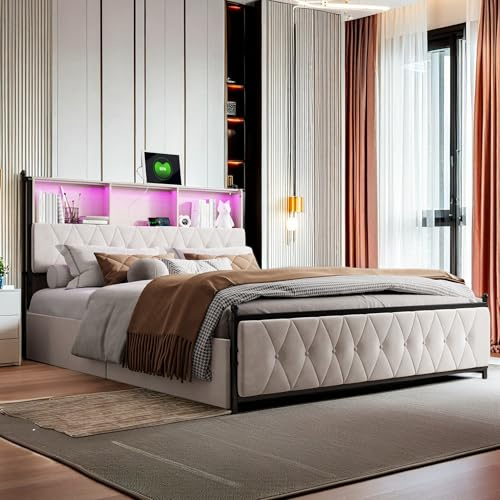 SHAODENG Stauraumbett 180x200, Polsterbett mit USB Ladefunktion und LED-Kopfteil, Doppelbett mit 4 Schubladen, Funktionsbett Bettgestell mit Bettkasten, Samt, Beige, Ohne Matratze