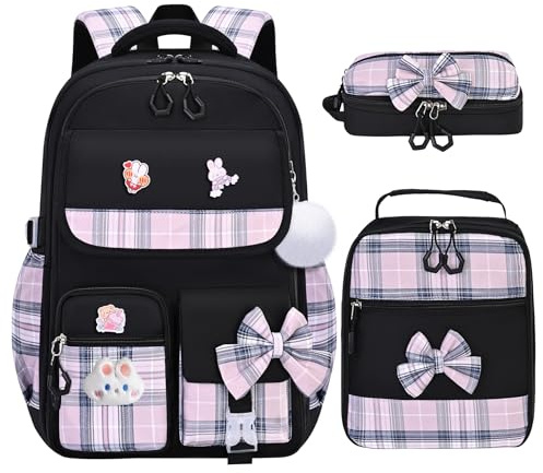 NSEQB Girls Backpack,3pcs Kids School Backpack With Lunch Box Pencil Case Set,Cute Childrens Schoolbag For Primary Elementary Middle (Black 3PCS)
