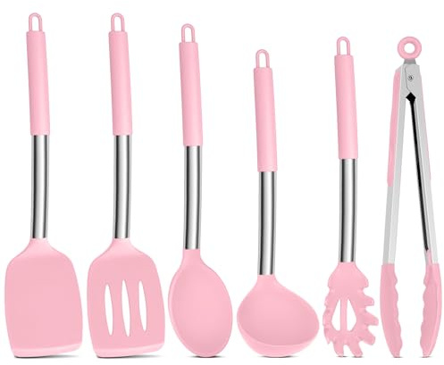 Onader Kitchen Utensils Set, 6 Pieces Silicone Cooking Utensils for Non-Stick Cookware, Heat Proof Kitchen Cooking Tools, Stainless Steel Handle & Dishwasher Safe - Pink