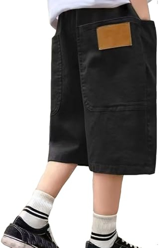 Shorts Cargo Enfant Garcon 4-14 ans été a la Mode Large Pantalon Court Ado Garçon Taille Elastique Ample Pas Cher Confortable Casual Jogging Vacances Streetwear Trousers (Black, 13-14 Years)