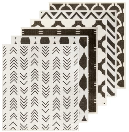 Lotsdonxia Swedish Dishcloths 6Pcs Ultra Absorbent, Reusable Eco-Friendly Sponge Cloths for Kitchen & Bathroom Cleaning (Black/White Geometric Design)
