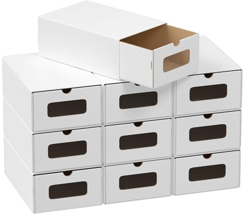 Hebitod 10x Schuhaufbewahrung REINWEISS mit Sichtfenster – Faltbare Aufbewahrungsbox 35×23×13,5 cm Stapelbar Schuhkarton Schuhbox Schublade Allzweckbox aus Pappe Kraftpapier für bis Größe 45