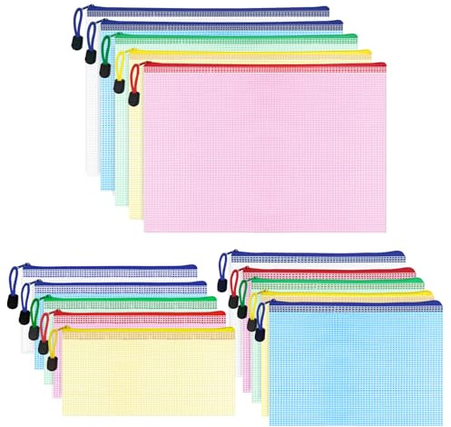 WISYOK 15 Stück Dokumententasche, A4 A5 A6, 5 Farben, Bunte | Reißverschlusstasche, Wasserdichte Mesh Dokumententasche für Dokumente, Dokumententaschen für Büro, Schule und Reisen