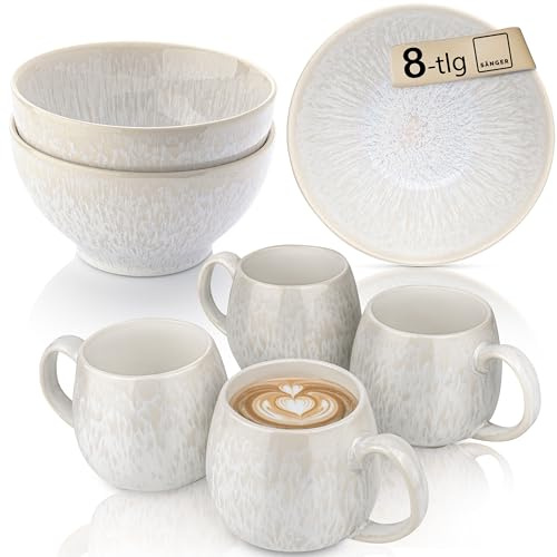SÄNGER Korfu I Frühstücksset 8 tlg für 4 Personen, Steingut Geschirr | Handmade I Frühstück & Kaffee, Je 4x Müslischale & Kaffeebecher Creme mit Sandiger Maserung
