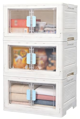 Vunanvu 3 PCS Cajas Almacenaje Plastico con Tapa 50L, Cajas de Almacenamiento Apilables con 4 Ruedas y Puertas Delantera, Caja Organizadoras de Plastico Plegable para Snacks Ropa Juguetes y Libros