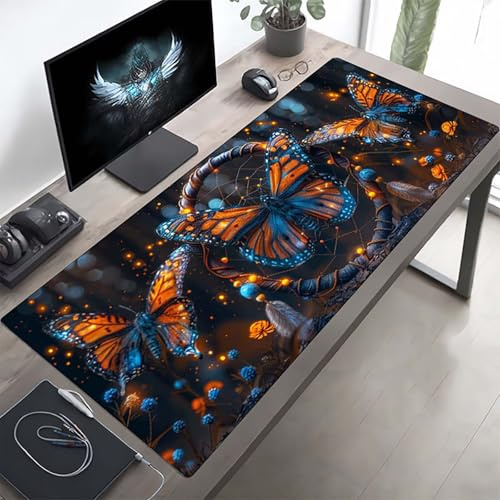 Gaming Mauspad 160 x 80cm Gaming Mousepad XXL Schmetterling Schwarz Mauspad Schreibtischauflage, Genähte Kanten Mausmat, rutschfeste Gummibasis, Schreibtisch Schutz für Büro, Geschenke PjY9510 V-9