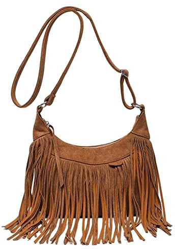 UxicRuya Bolso Bandolera con Borlas, Moderno Bolso Tote, Estilo Retro, con Flecos Ajustables para La Escuela Y Viajes, Marrón claro