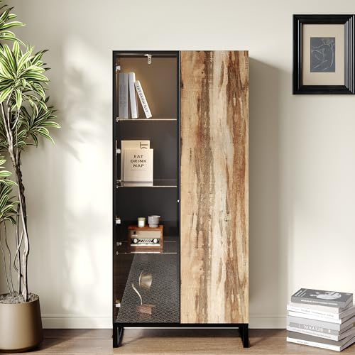 Caldion Vitrinenschrank mit 8 LED-Beleuchtung Vitrine mit 2 Glastüren Pop-up-Design Glasvitrine mit 4 Einlegeböden Glasschrank Schwarz & Holz für Wohnzimmer Hartglas 80x40x175cm