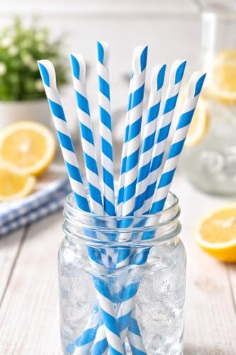 TAS-TY Blue and White Striped Paper Drinking Straws with Spoon End, Wide Bore, 125 Count, Eco Paper Material, 20cm Length for Milkshakes and Thick Beverages
