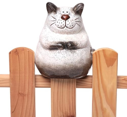 itsisa Zaunhocker Dicke Katze beige-braun H:16 cm aus Keramik - Zaun Deko Garten Katzen, Tierfigur Pfostenhocker, Zaunfigur, Gartendeko, Zaunstecker