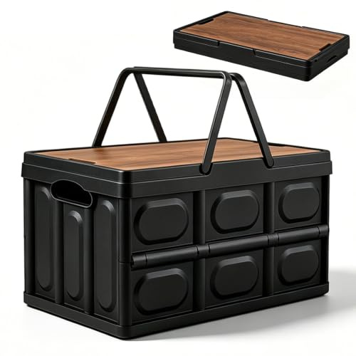 Piashow Fällbar låda med lock, 30 l förvaringslåda med lock och handtag, utomhus campinglåda, vikbar, stövelorganisatör, 43 x 30 x 24 cm, vikbara lådor för förvaring, transport (svart)