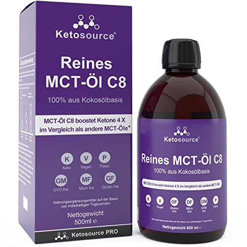 Ketosource Pure C8 MCT Oil | Boosts Ketones 4X Versus Other MCTs | Highest 99%+ Purity | 100% Coconut | Keto Diet, Fasting, Vegan Safe & Gluten Free | Premium Lab Tested Purity | Caprylic Acid | 500ml