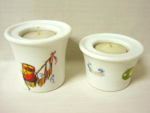 JUEGO 2 PALMATORIAS CANDELABRO PORTAVELAS PORCELANA SOUVENIR ASTURIAS