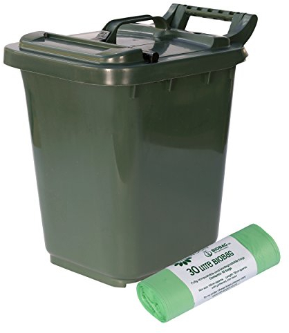 Kerbside Compost Caddy/Plastic Kerbside Bin with Locking Lid - Green - for Food Waste Recycling (23 Litre) - 23L & 10 x 30L Compostable Bags with Composting Guide