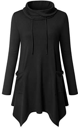 Amrto Damen Bluse Turtleneck Asymmetrische Saum Langarm Tops Lange Hemd Pullover Tunika mit Taschen, XL, -schwarz