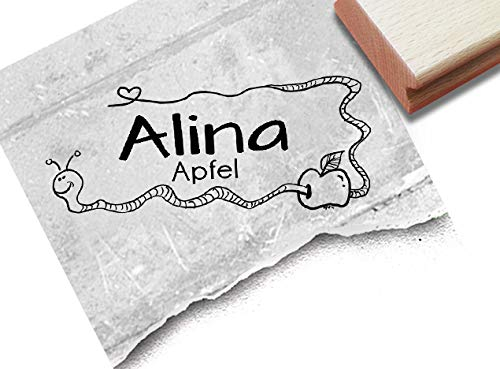 Stempel - Individueller Namensstempel WURM im Apfel - Kinderstempel personalisiert Name Tier, Geschenk für Kinder Einschulung Schule - zAcheR-fineT