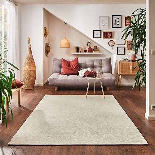Steffensmeier Handwebteppich Walchsee | Schurwolle mit Fusselstopp, Natur Hell, handgewebt, Größe: 90x160 cm Wohnzimmer und Schlafzimmer
