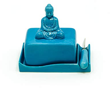 Trademark Innovations Buddha Ceramic Butter Dish Tray with Lid and Knife by (Blue)