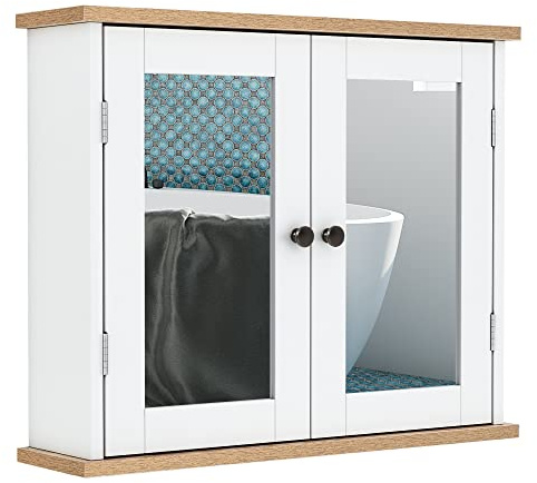 kleankin Bathroom Mirror Cabinet Wall Mounted Storage Cupboard with Double Door and Adjustable Shelf, White