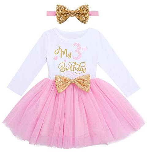FYMNSI Enfant Bébés Filles Mon 3ème Anniversaire Robe Princesse Manche Longue 3 Ans Fête Vêtements Troisième Anniversaire Soirée Tutu Tulle Jupe Noeud d'or Bandeau Photographie Tenue Rose