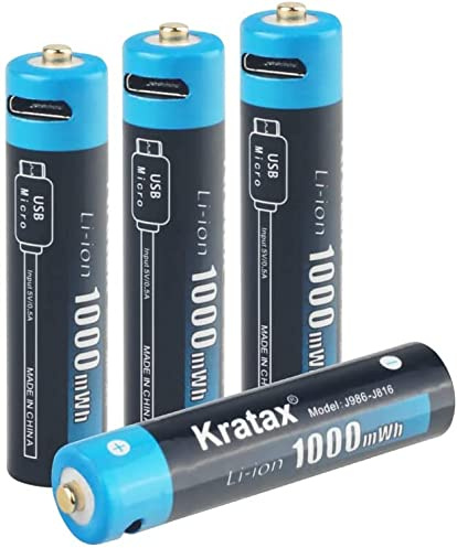 Kratax Lot de 4 Piles Rechargeables AAA 1,5 V 1000 mWh avec câble USB, Cycle 1600, avec étui de Rangement