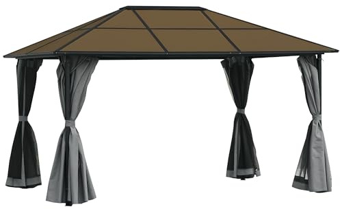 Outsunny Tonnelle pavillon de Jardin avec Toit Rigide Polycarbonate imperméable 4 parois latérales Anti-UV moustiquaires 4 x 3 m Gris foncé et Noir