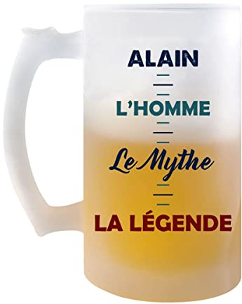 Planetee Chope de bière Alain Mythe Légende - cadeau idée anniversaire Fête des Pères Humour - Verre givré 470 ml avec poignée Alcool Pinte