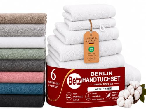 Betz Berlin Handtuch-Set 6 -teilig – 100% Baumwolle – Oeko-TEX® Zertifiziert – hohe Grammatur – Duschtücher, Handtücher, Gästetücher, Seiftuch & Waschhandschuhe Farbe weiß