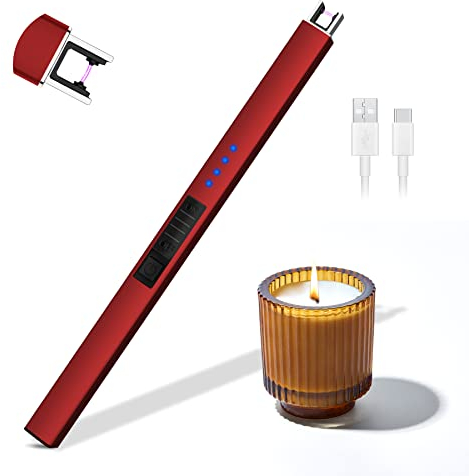 Rouclo Accendino Elettrico USB Ricaricabile, Antivento Lungo Accendigas con Indicatore della Batteria per Accendere Candele, Stufe, Stufa a Gas, Barbecue,Campeggio, Cucina (Rosso)