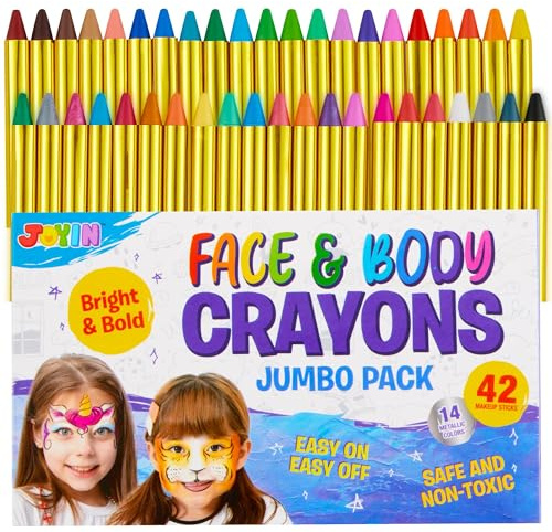 JOYIN 42pcs Face and Body Paint Crayons, Face Painting Kit Safe and Non-Toxic Ultimate Party Pack Including 14 Metallic Colors for Birthday Makeup Party Supplies, Festivals