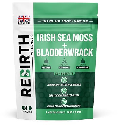 Sea Moss and Bladderwrack - 60 High Strength Capsules - 2 Month Supply - Vegan Friendly -No Synthetic Fillers or Binders - Made in The UK - Rebirth Wellness